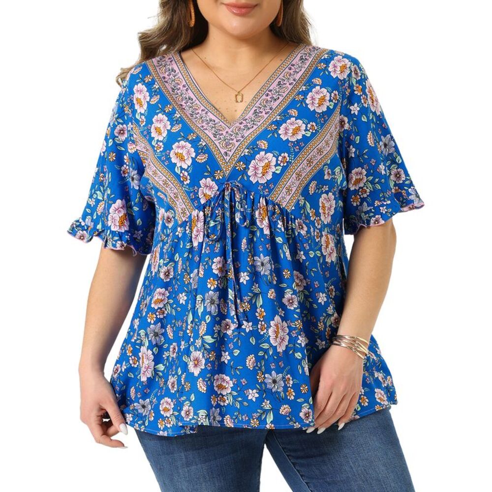 Women Plus Size V Neck Floral Loose Boho Blouse Blue
